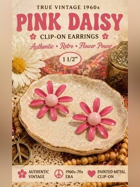 TRUE Vintage 60s Bright Pink Daisy Flower Earrings Retro Painted Metal Gold Tone